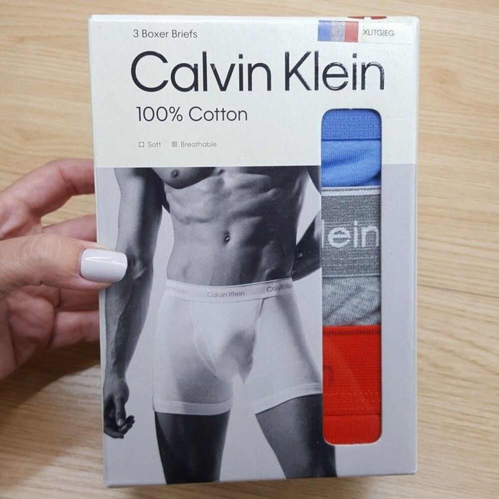 CALVIN KLEIN Boxer Briefs Mens XL Red Blue Grey 3-Pack 100% Cotton Logo
